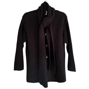 NYBASED Black Ribbed Button Front Cotton Cardigan Cabel Knit Cardigan with Scarf